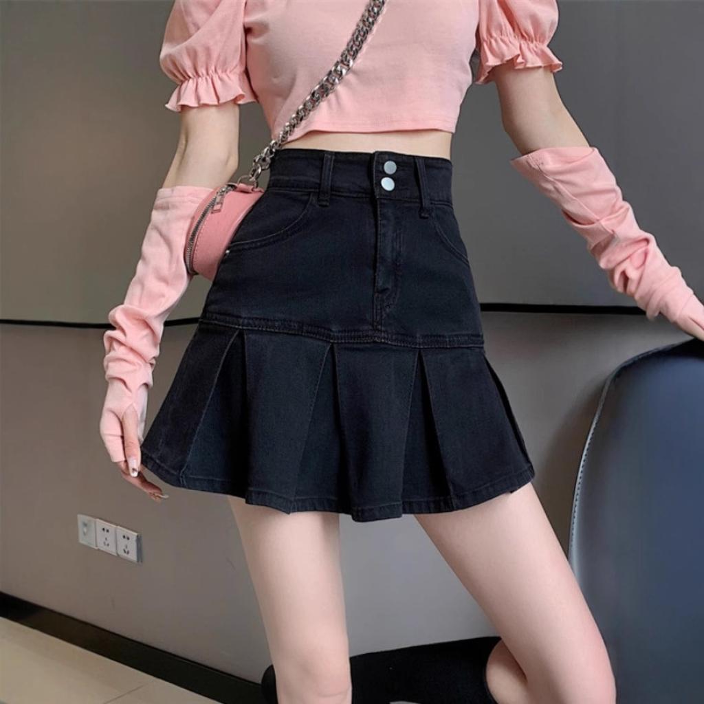 A word design sense retro high waist denim skirt women's new Spice Girl thin ruffle edge pleated skirt