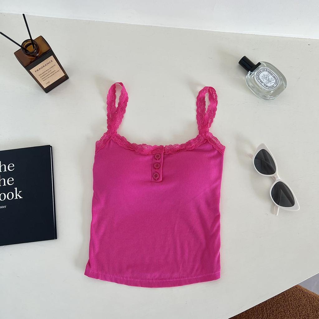Camiseta sin mangas acanalada de encaje, Tops cortos con cuello Halter para mujer, camisola con botones, camisola con espalda al aire, chaleco recortado sin mangas de tubo de punto a la moda para mujer