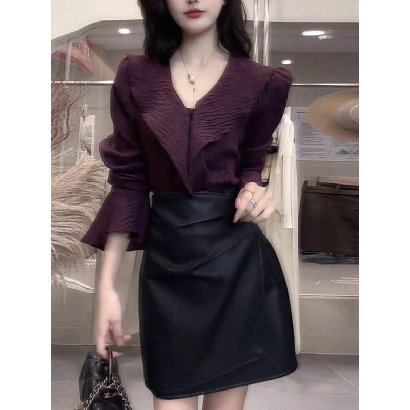 Light Mature Style V-Neck Ruffled Purple Top for Women, 2026 Autumn New Design with Bell Sleeves and Fashionable Texture