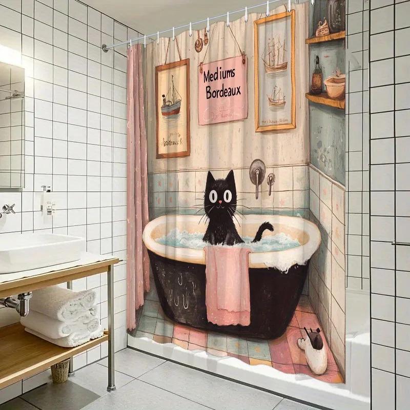 Charming Cat in Bathtub Shower Curtain - Vintage Nautical Design for Cozy Bathroom Décor, Waterproof, Easy Care & Unique Charm