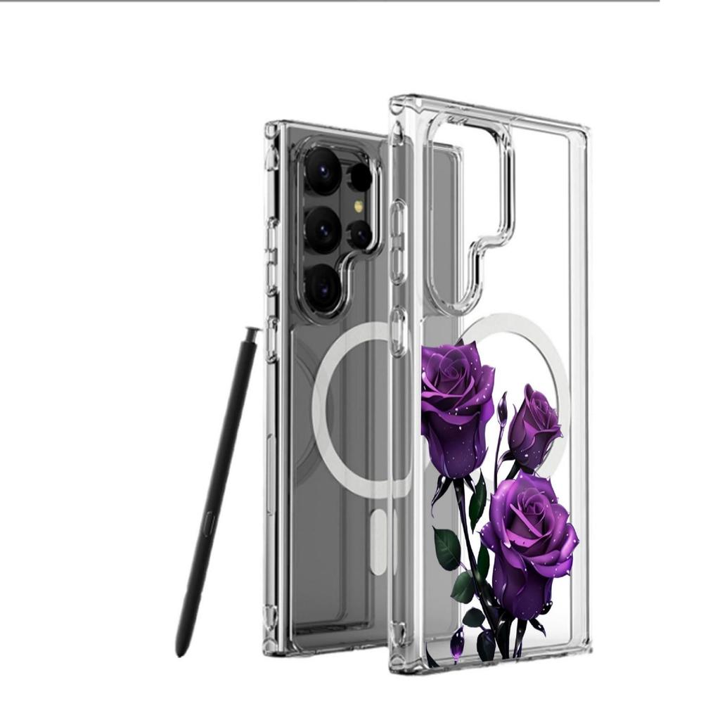 Purple Flower Magnetic Clear Case for iPhone 15/16/17 Pro Max - Full Coverage Protection