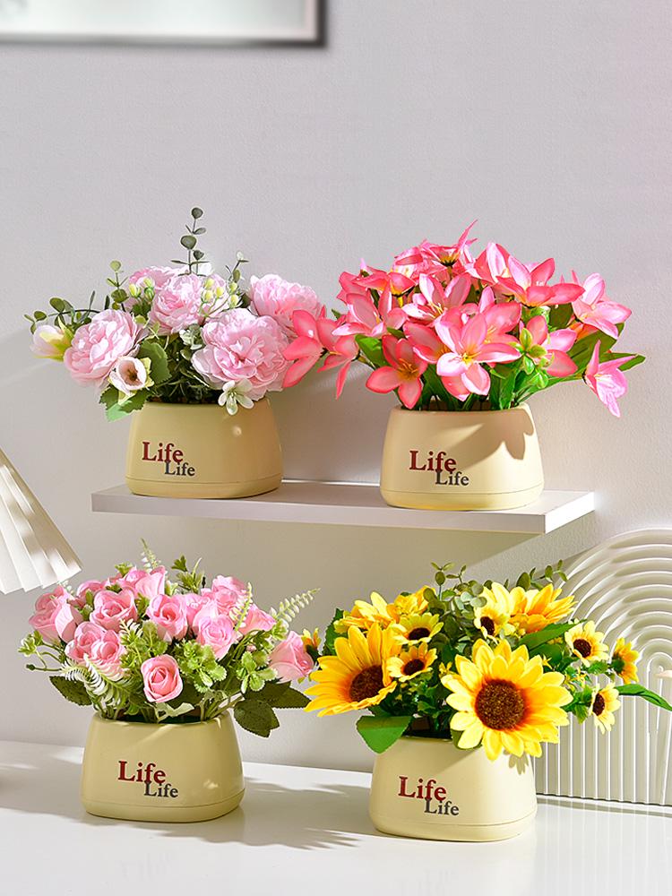 Sunflower Artificial Flower Arrangement - Small Potted Plants & Plastic Bouquets for Living Room and Dining Table Decor