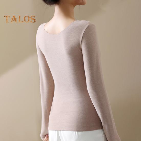 Thermal Bottoming Tops with Built-in Chest Pads DE Velvet Double Layer Warmth Long Sleeve Pullover Tops Solid Color Winter Inner Outer Wear