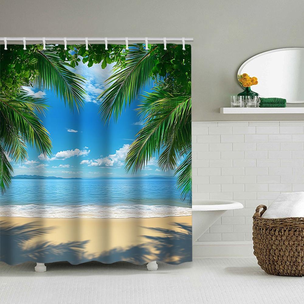 1/4 Seaside scenery shower Curtains, Toilet Seat Decoration, Shower Curtain with Carpet and Toilet Lid, 12 70.8x70.8 inch Hooks
