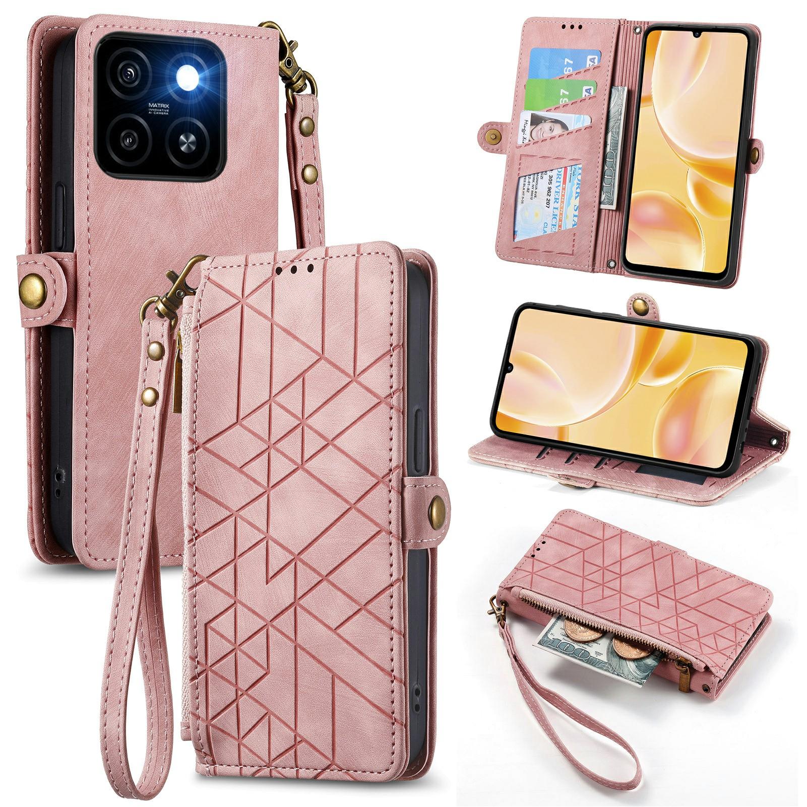 

For ZTE Blade A55 Case Zipper Wallet Geometry Lines Leather Phone Cover Pink