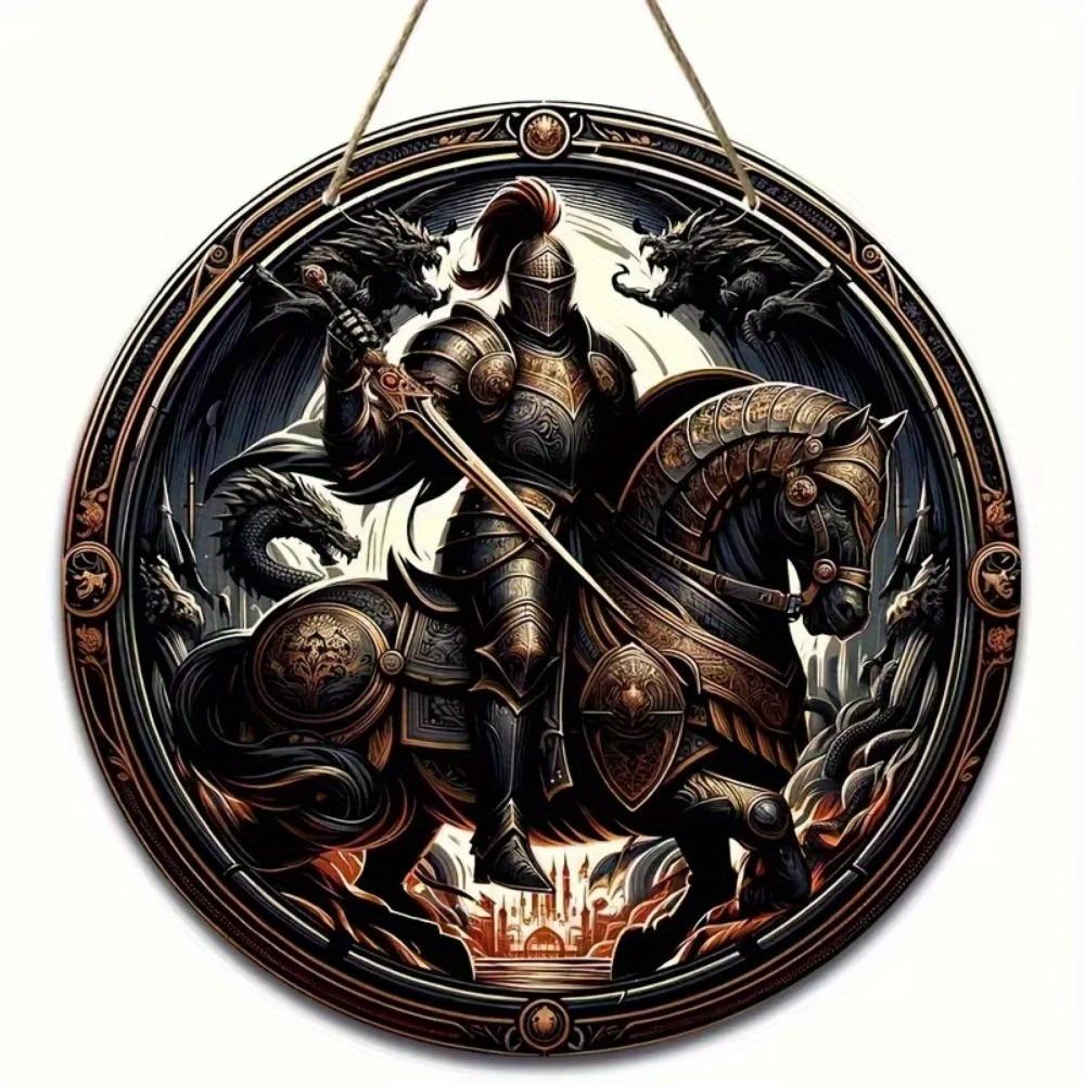 1 Stück 2D Flaches Vintage Mittelalterlicher Ritter Kunst Schild - 20cm Rund Holz, Bar Café Veranda Wohnzimmer Schlafzimmer Heimdeko, Rustikaler Stil Kreative Wanddeko