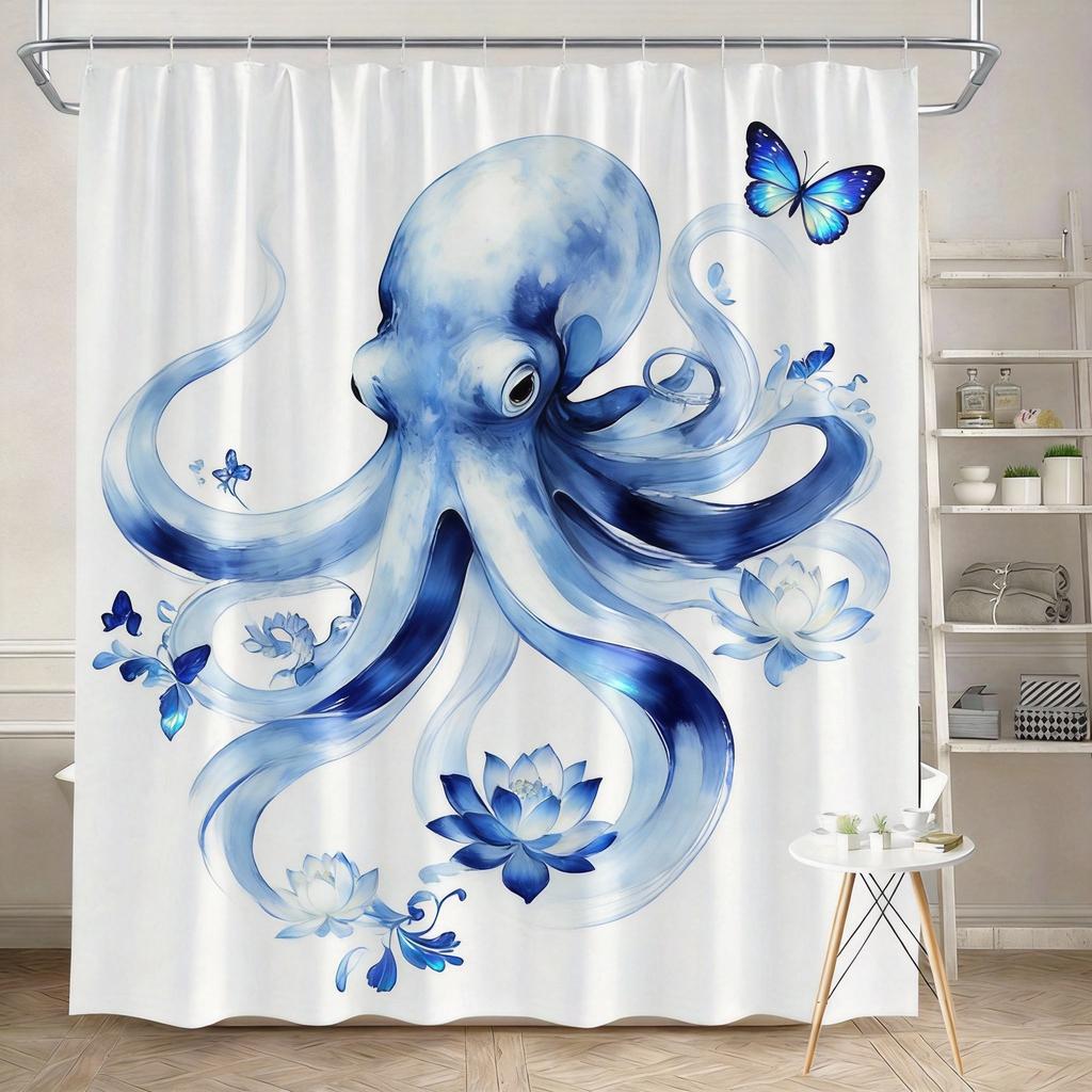 Octopus Shower Curtain Blue and White Porcelain Design, Artistic Ocean Creature Bath Curtain for Modern Bathroom Decor