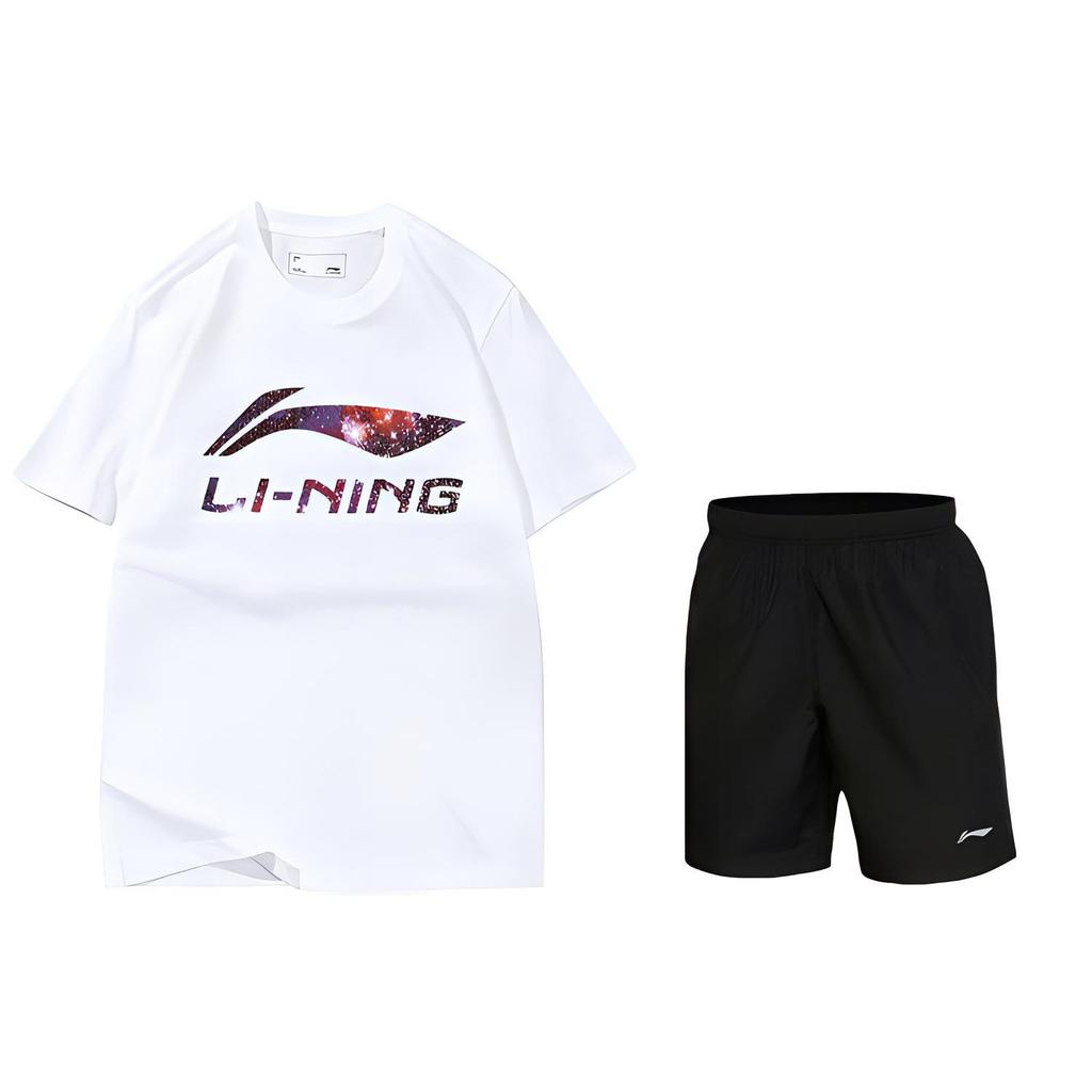 Li Ning Casual Letter Logo Print Round Neck Short Sleeve T-Shirt Breathable Quick-Dry Woven Shorts Set Men Tops Black White AHSS971-3+AKSS985-1