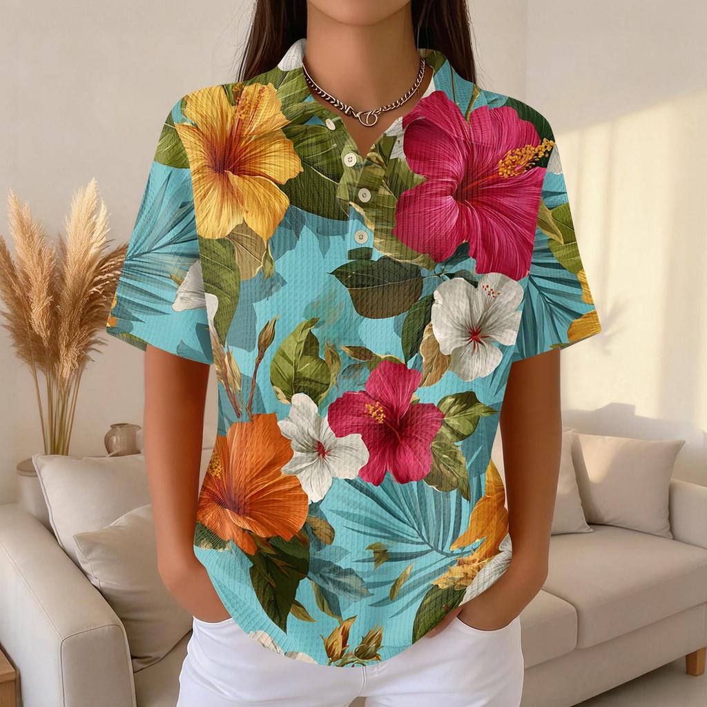 Women Casual Short Sleeve Hawaiian Print Waffle Knit Polo Shirt Lightweight Breathable Summer Top Relaxed Fit