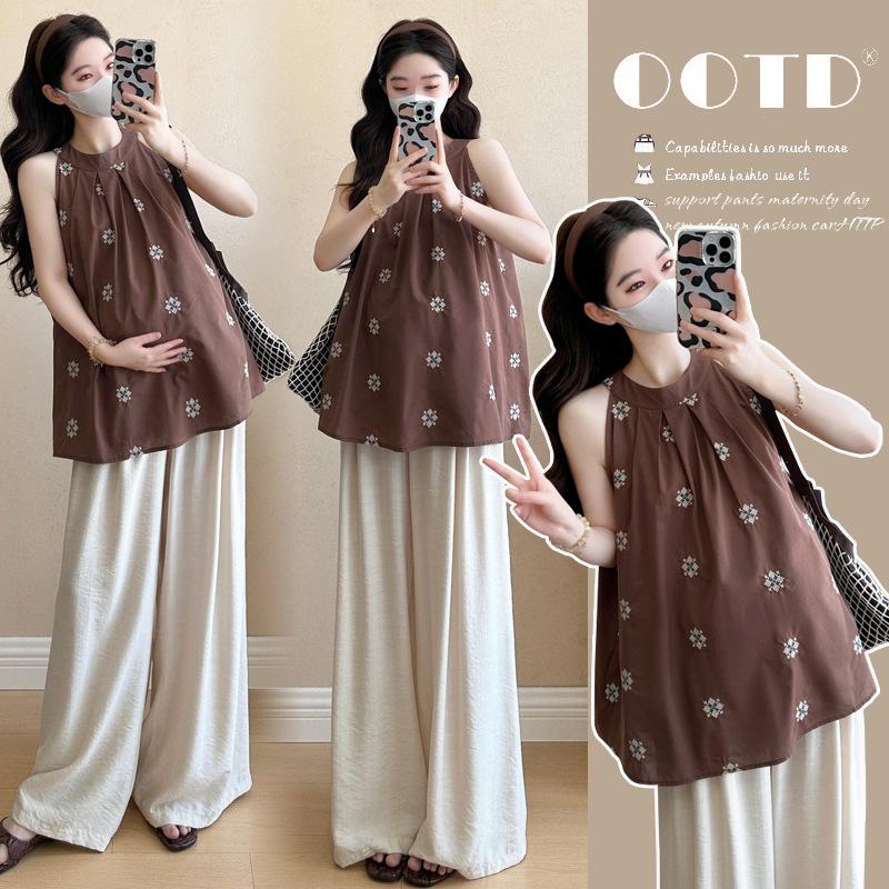 2026 Summer Maternity French Two-Piece Set: Age-Reducing Loose Sleeveless Top + Wide-Leg Pants 2XL