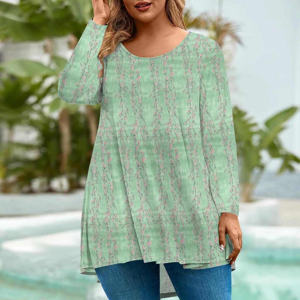 Women's Fashion Large Size Round Neck Long Sleeve Casual Print Loose Pullover Top