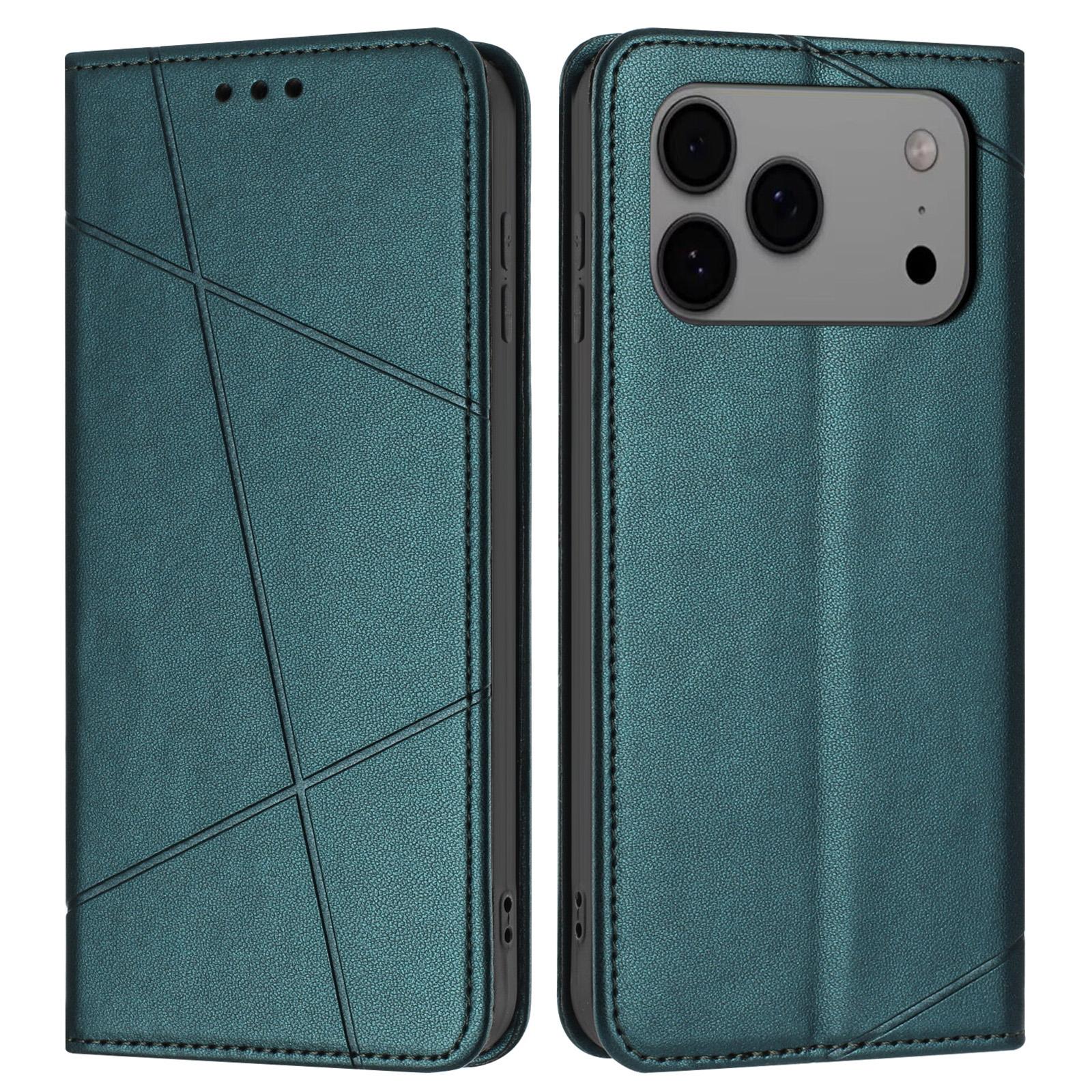 

For iPhone 17 Pro Max Wallet Case Line Imprinted Leather Stand Phone Cover with Wrist Strap Green