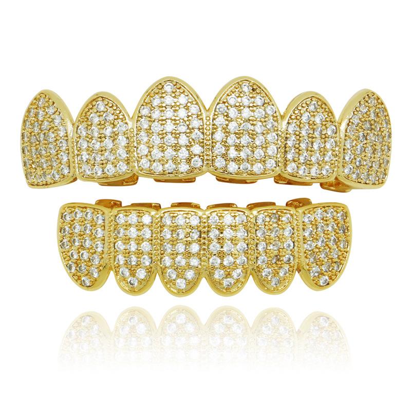 Herren Hip Hop Goldzähne Grillz Ober- & Unterkiefer Iced Out Grillz Zahn Cubic Zirkonia Zahnspangen Zirkonia Vampirzähne Grillz