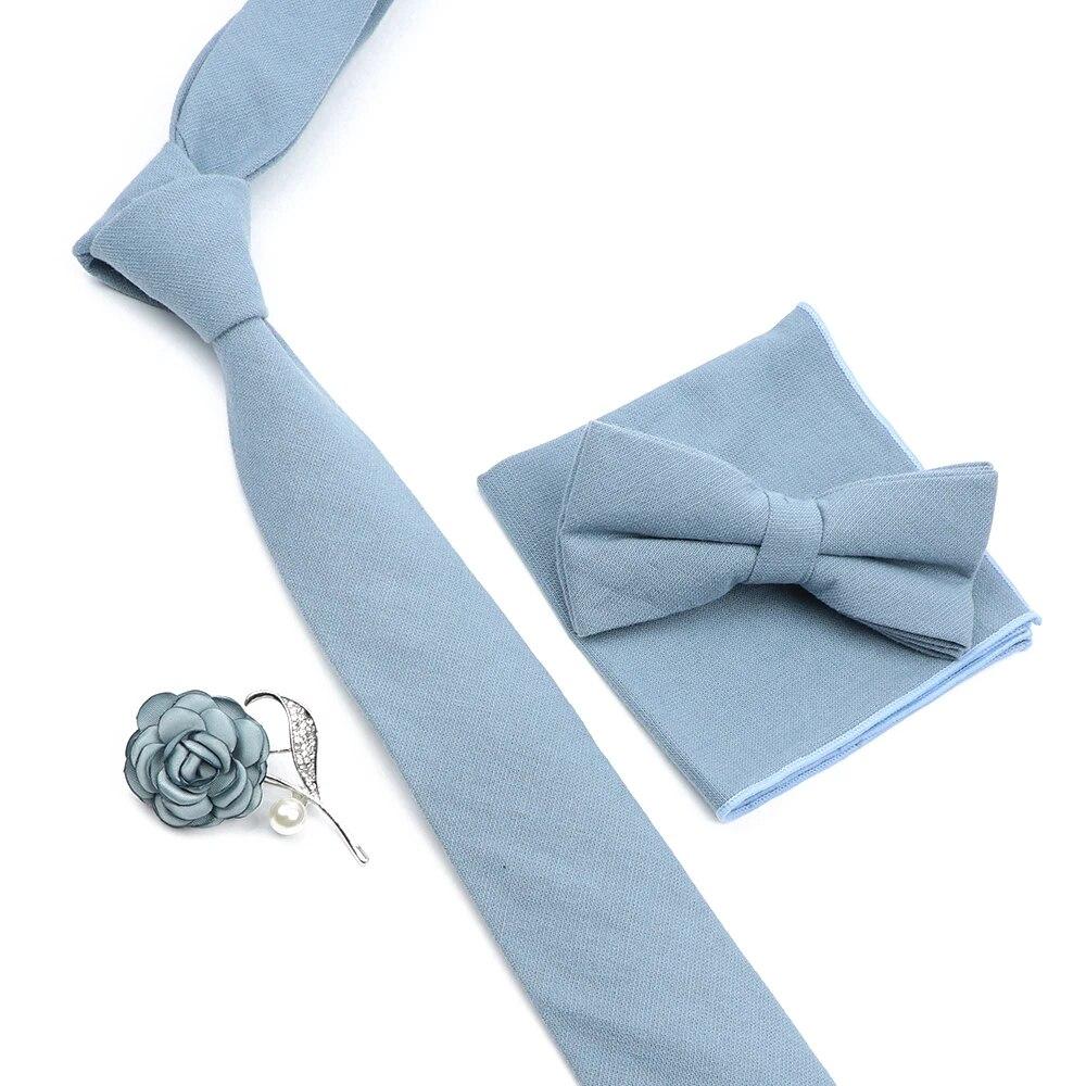Solid Color Cotton Necktie Set For Men Tie 4pcs Hanky Cufflinks Rhinestone FLoral Brooch Tie Set