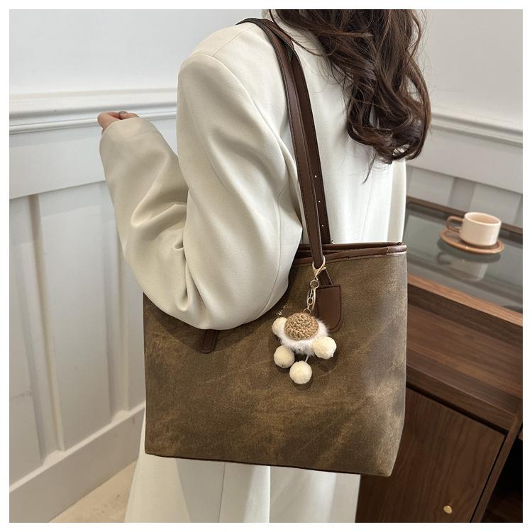 Simple Solid Color Tote Bag Women Large Capacity Faux Leather Shoulder Handbag Urban Commuter Bucket Purse