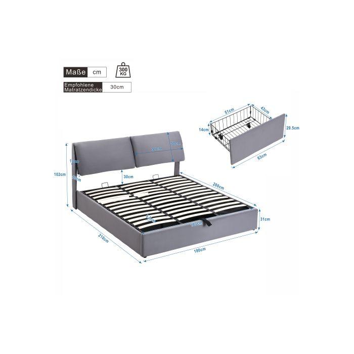 Lit - MUVOE - 180x200 - Tiroirs de rangement - Tête de lit réglable - Tissu velours gris