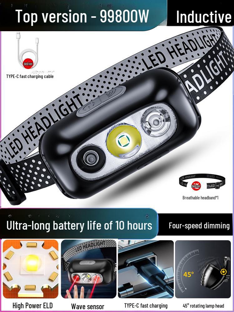 "Rechargeable Super Bright Headlamp for Outdoor Night Fishing - Ultra-Light, Long-Life, Induction-Controlled"