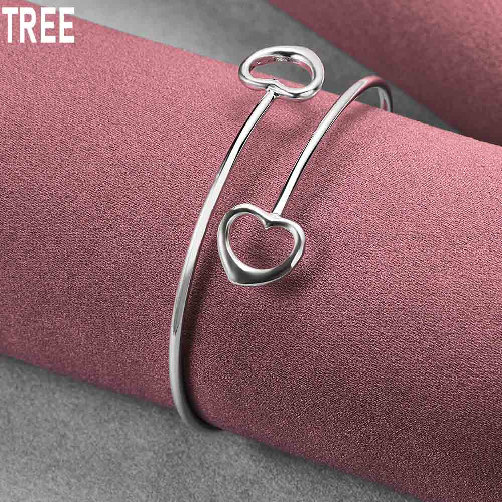925 Sterling Silver Double Heart-shaped Open Bracelet Fashion Wedding Jewelry