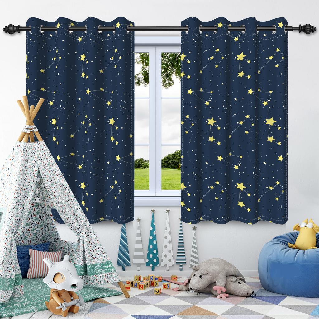 2pcs Moon Stars Window Curtains Children Bedroom Home Living Room Decoration Blackout Curtain Heat Insulation Noise Reduction