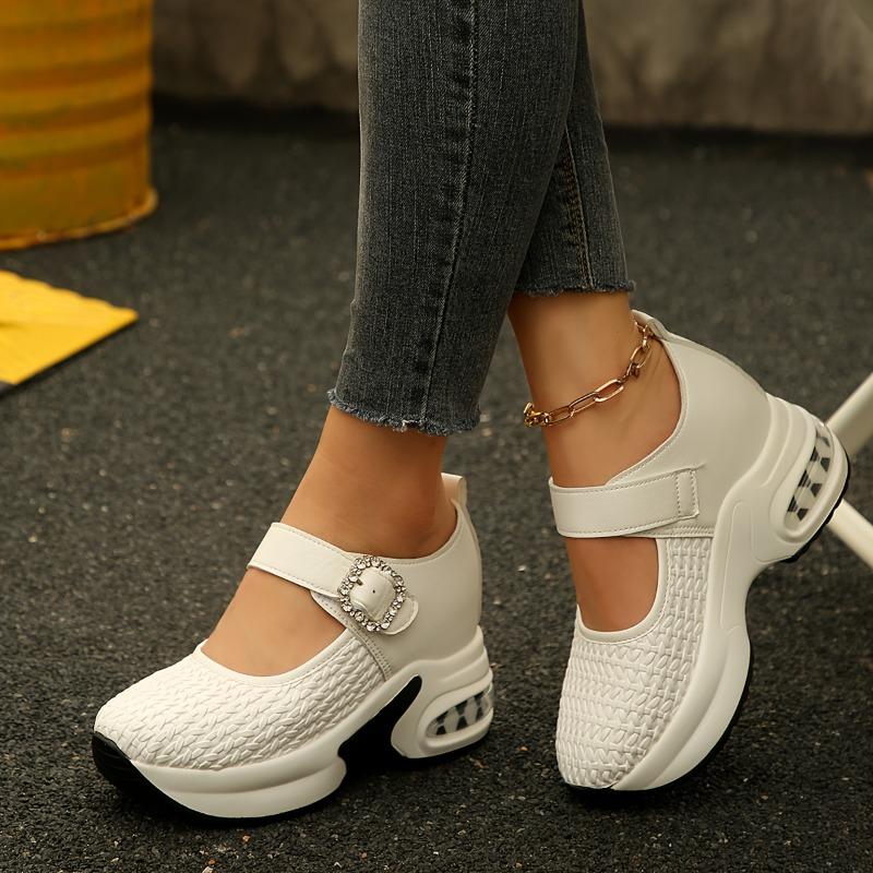 Damskie sneakersy na platformie z klinem ozdobione cyrkoniami białe ze sztucznej skóry wsuwane antypoślizgowa gruba podeszwa