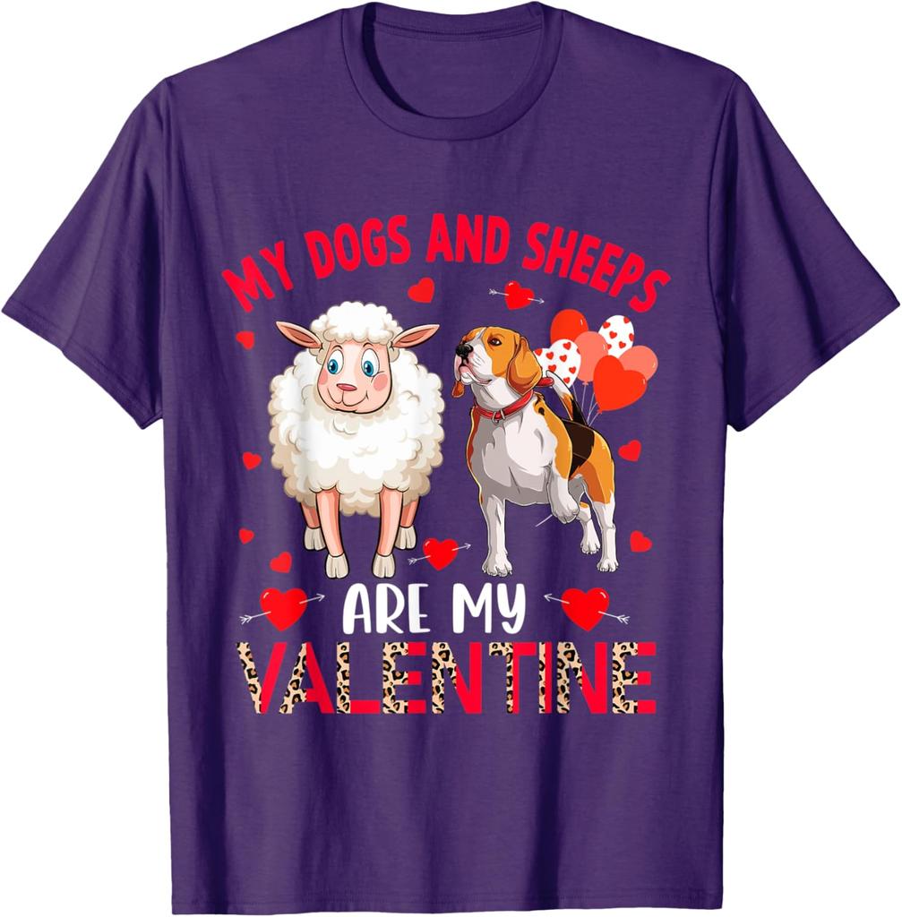 My Dogs And Sheeps Are My Valentine Beagle Sheep Graphic Tee Casual Cotton T-Shirt