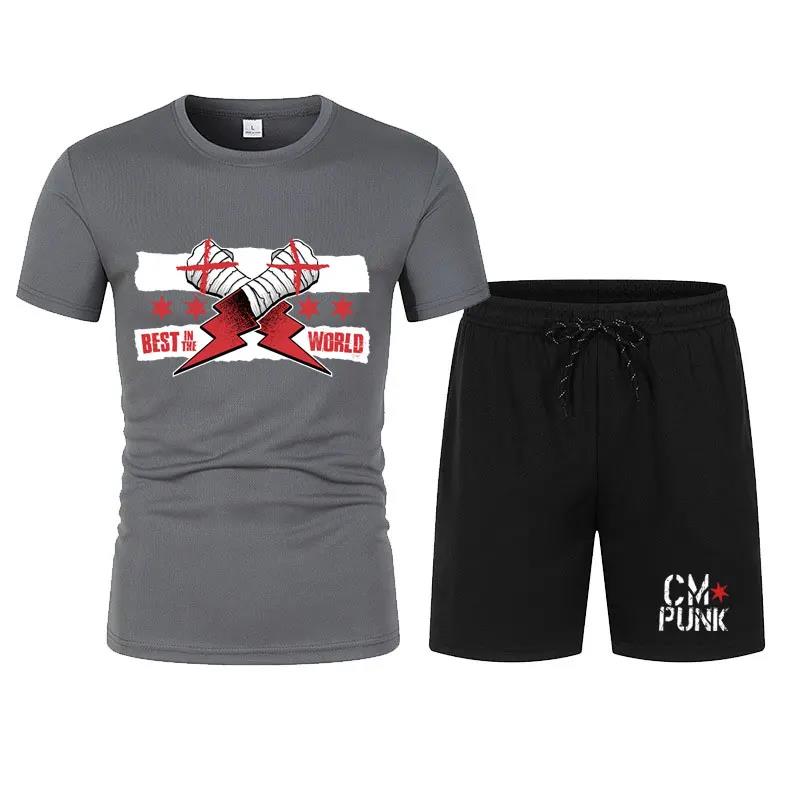 Herren Schwarz Return of CM Punk T-Shirt Shorts Set Sommer Kurzarm Mann Übergroße Anzüge 2024 Neue Mode Bekleidungssets