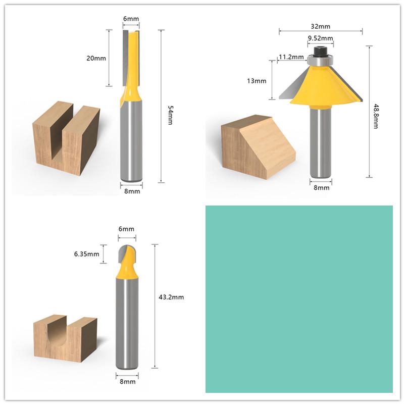 15 bucăți freză dreptă de tăiat pentru bucăți din lemn de tăiere din carbură de tungsten pentru prelucrarea lemnului Set de freză de 1/4 inch 8 mm