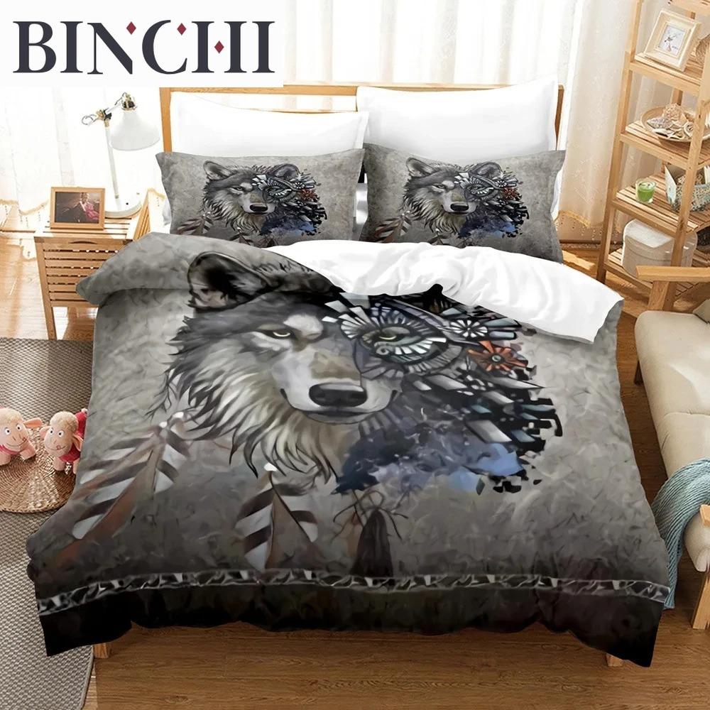 Boys Wolf Duvet Cover Set Queen Size, Boho Wolf Wildlife Animal Bedding Set Men Galaxy Dream Catcher Moon Polyester Quilt Cover