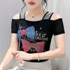 Summer Women Bow Letter Shiny Hot Diamonds T-Shirt Sexy Off Shoulder Slim Top New Chic Short Sleeve Tees Shirts