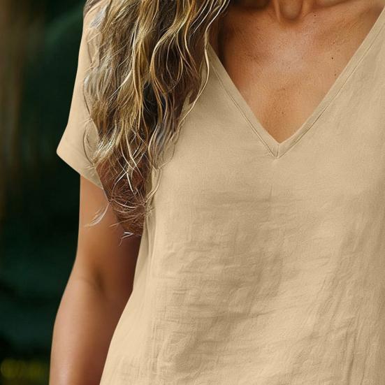 Women Tops V-Neck Short Sleeve Loose Fit Tee Tops Pure Color Casual Summer Blouse