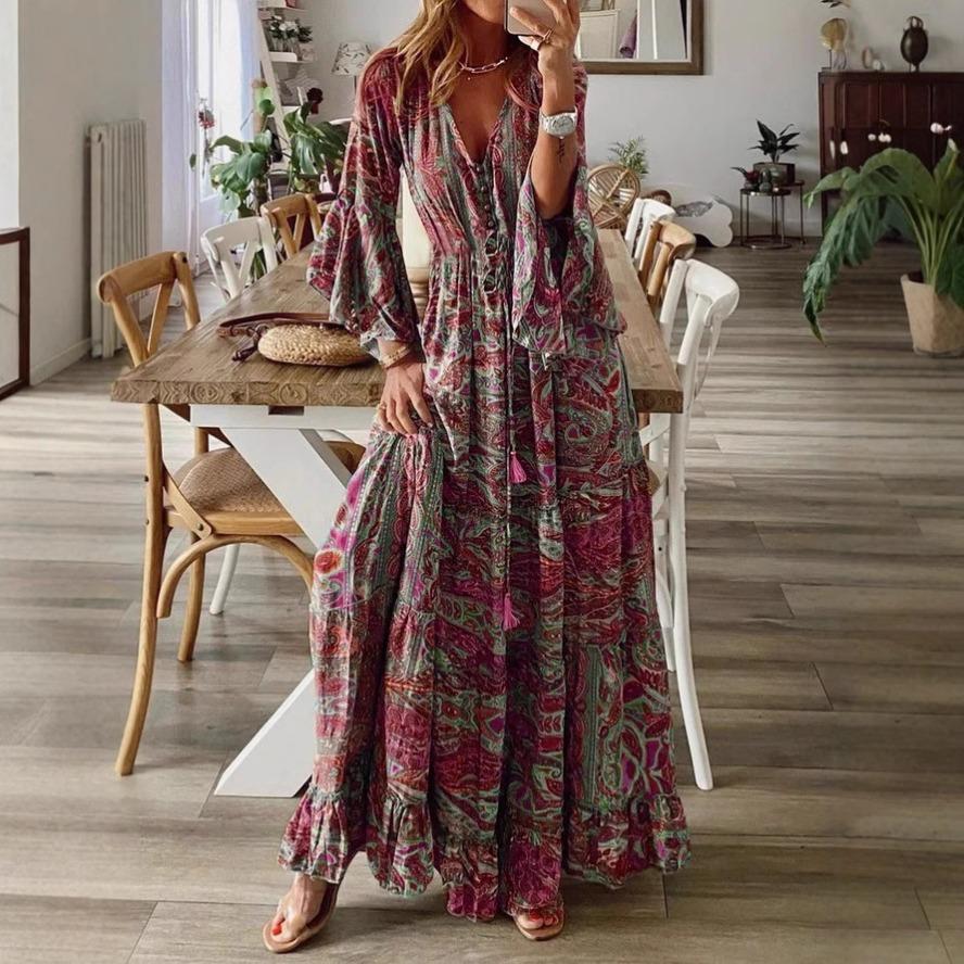 

YYFS Женская мода весна осень с длинным рукавом V-образным вырезом и высокой талией повседневные платья XXXL красный