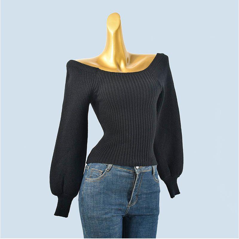 French Style Temperament Fall and Winter Square Collar Slimming Slim and Sexy off-Shoulder Short Knitted Long Sleeve Sweater Base Tops Women