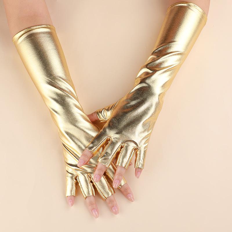 

Silver Punk Half-Finger Fingerless Patent Leather Gloves – Medium-Length, Comic Convention Cosplay Style золотий