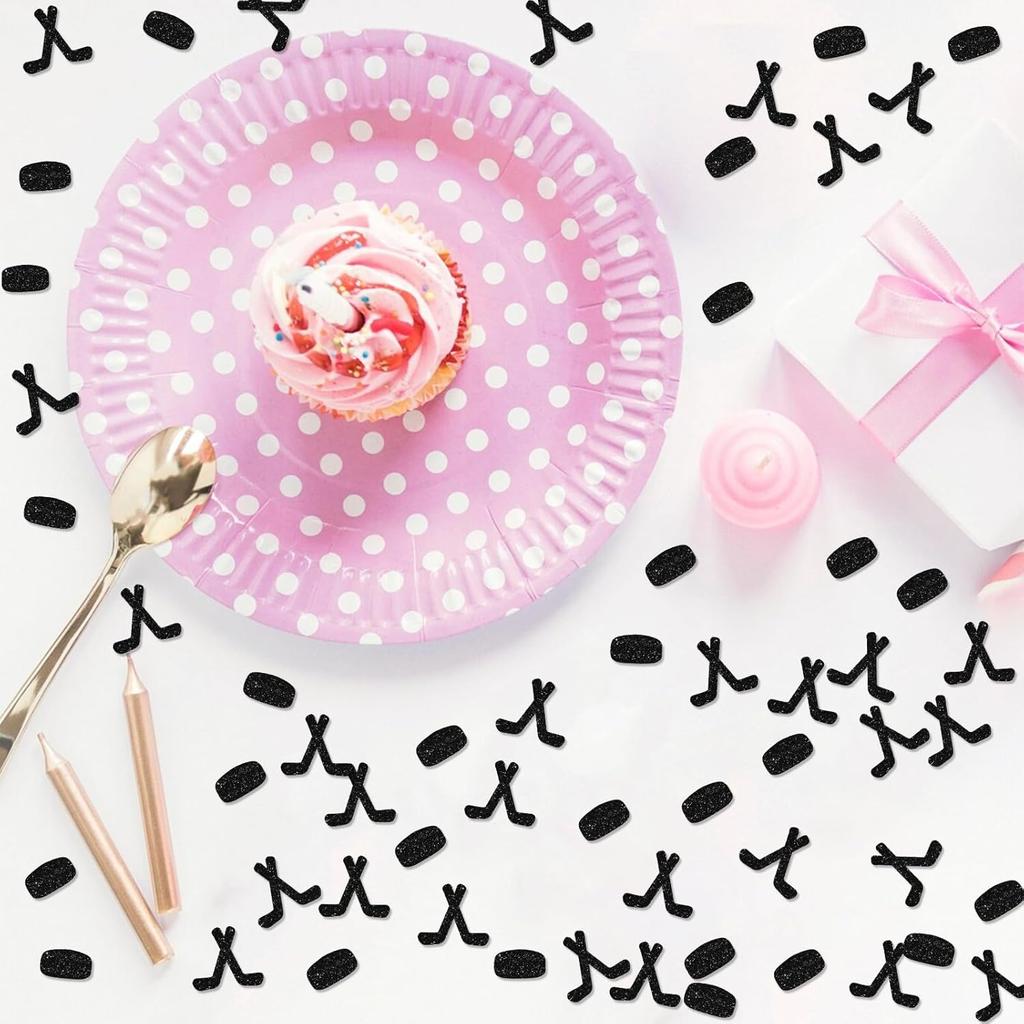 120 Hockey Confetti, Black Glitter Hockey Paper Confetti for Hockey Players Birthday Party, Hockey Ball Cut Out for Sports Theme Party Table