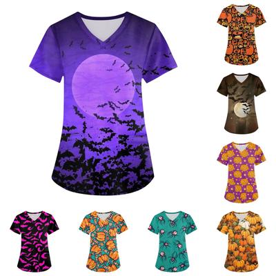 Plus Size Printed Scrub Working Uniform Tops For Women's Cross V Neck Halloween Print Short Sleeve Fun T-Shirts Workwear Tee With Pockets