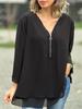 2024 V-Neck Three-Quarter Sleeve Chiffon Top with Metal Zipper – Casual and Loose Fit for Europe & America