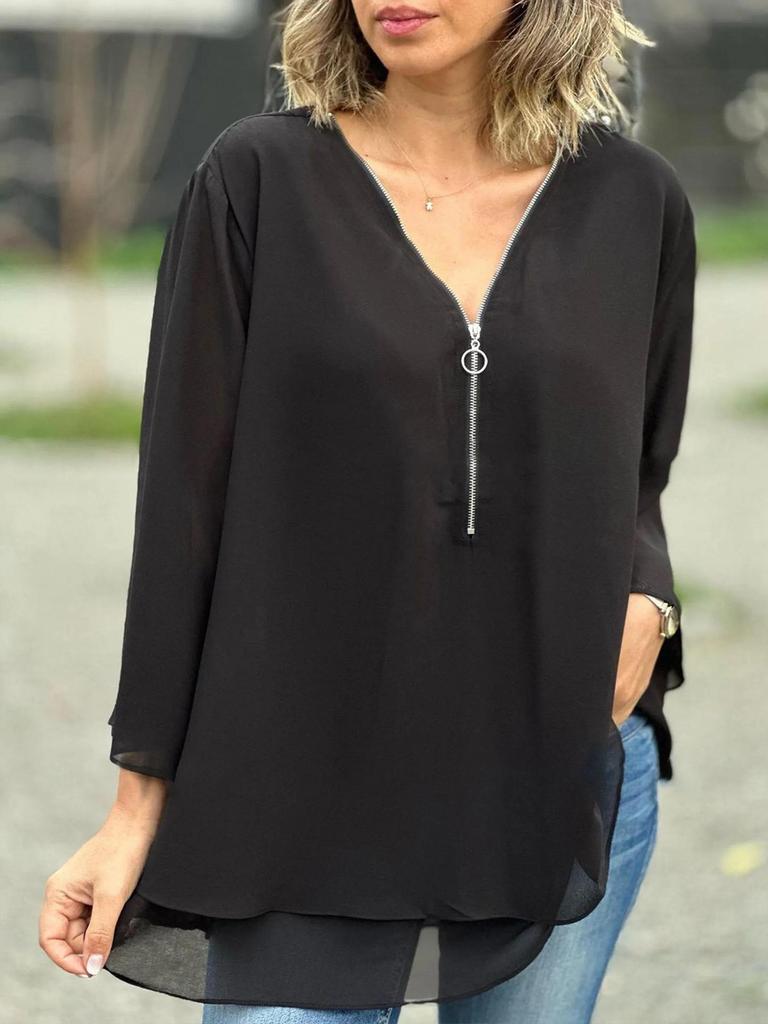 2024 V-Neck Three-Quarter Sleeve Chiffon Top with Metal Zipper – Casual and Loose Fit for Europe & America