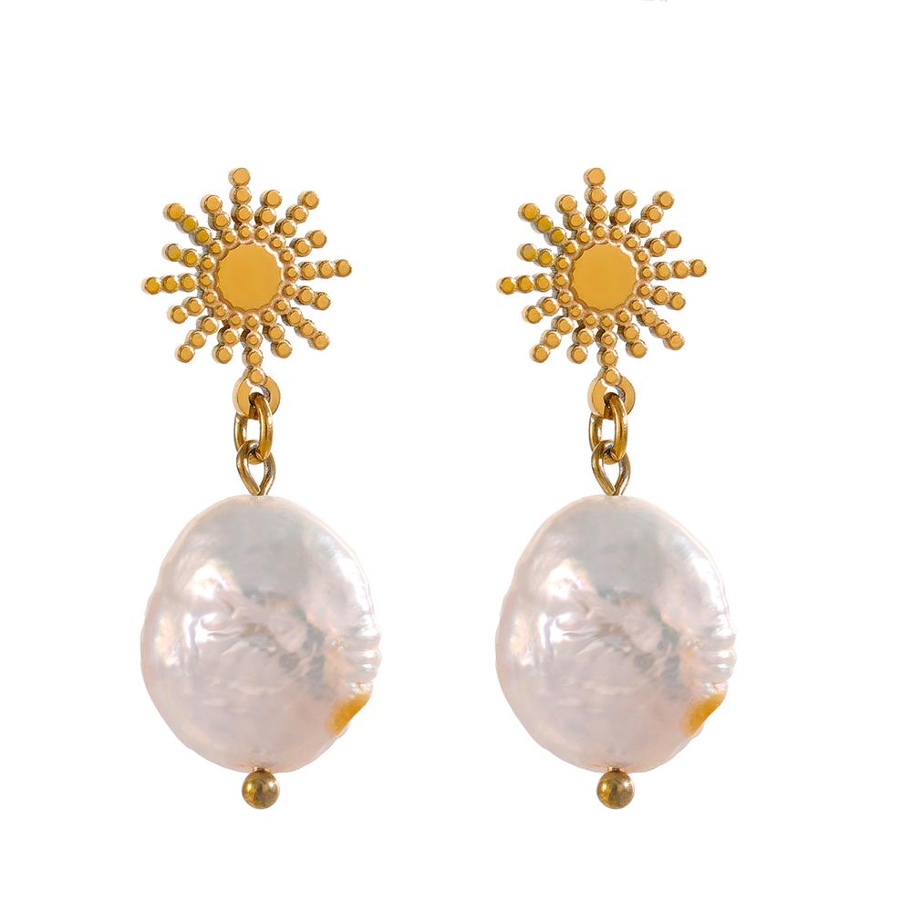 Yhpup Natural Freshwater Pearl Dangle Earrings Stainless Steel Sun Celestial Hanging Earrings for Women Aretes De Mujer Gift