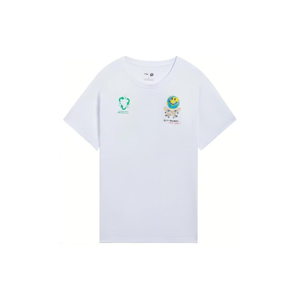 Li Ning X Og Slick Collaboration Earth Smiley Skateboard Letter Cartoon T-Shirt Unisex Tops White AHSS299-3