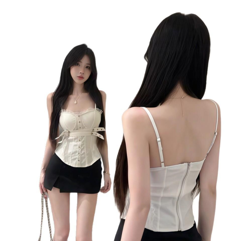 #Summer new Spice Girl retro heavy industry sling vest women's waist design slim one-piece with chest pad