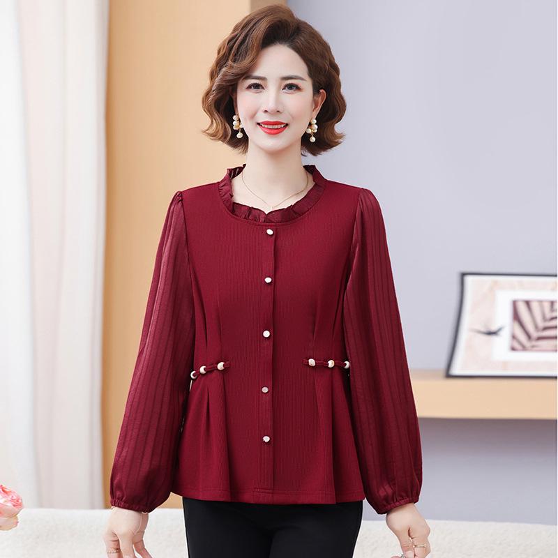 

Wine Red Plus Size Long-Sleeve T-shirt for Middle-Aged and Elderly Women - Slimming and Versatile Design 7XL (175-185 lbs) вина червоного кольору