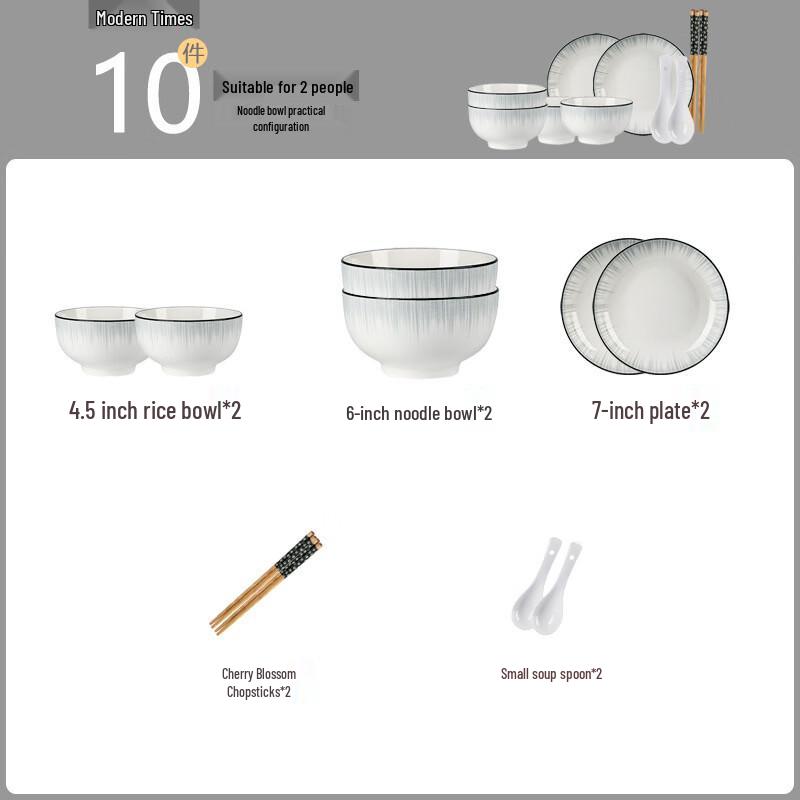 Ailan Huijia WQ Underglaze Ceramic 10-Piece Dinnerware Set 10-piece set with noodle bowl