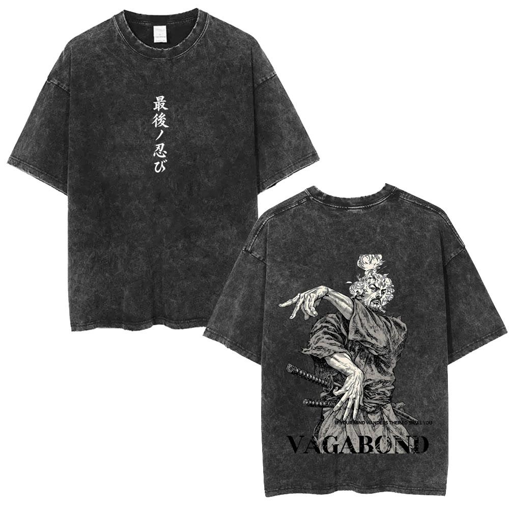 Camiseta Lavada Vintage Miyamoto Musashi de Vagabond Anime para Hombre Mujer Camiseta Informal Oversize Moda Masculina Camisetas de Alta Calidad
