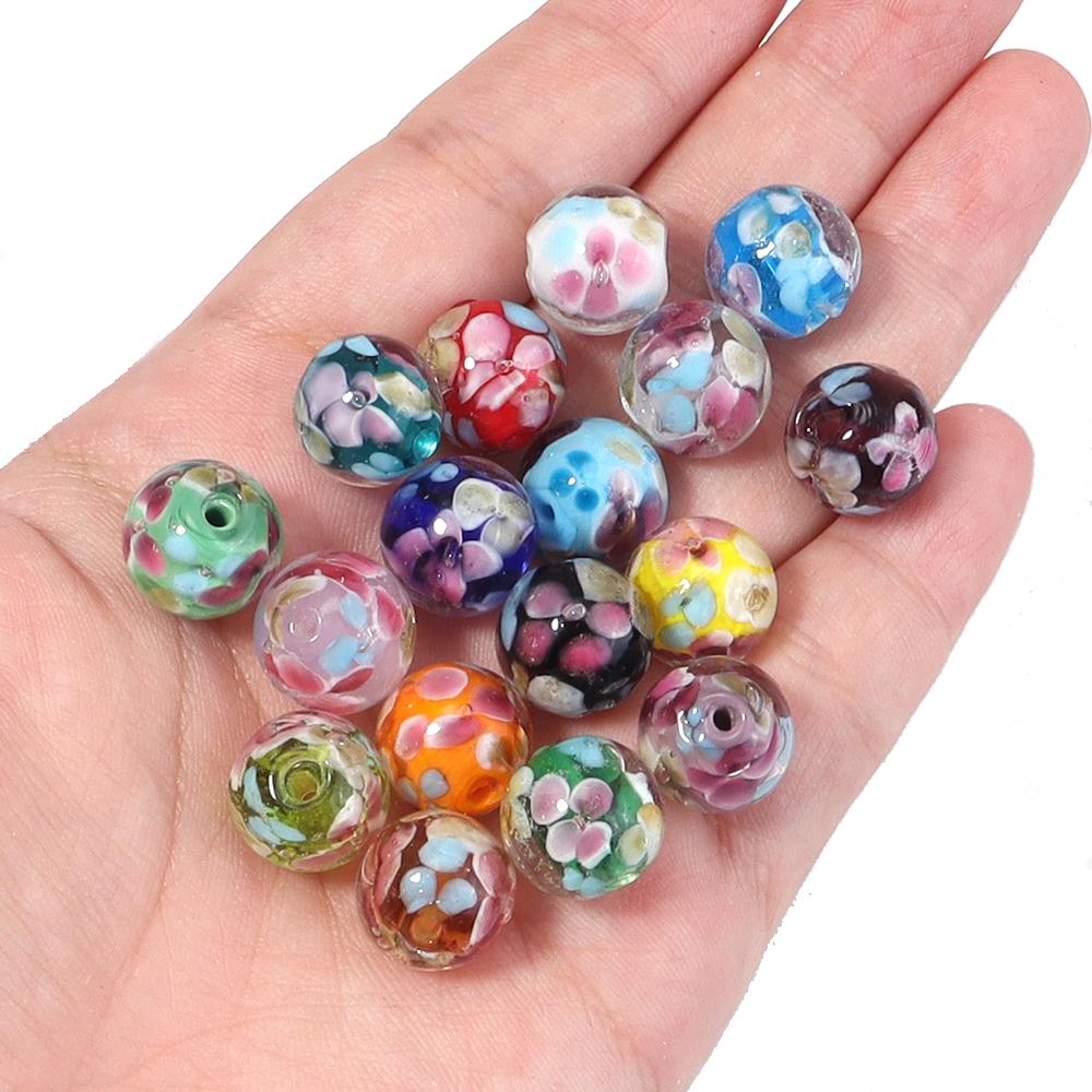 5pcs 12mm Lampwork Flower Beads Colorful Plum Blossom Glass Round Loose Beads For Jewelry Making Bracelets Earrings Accessories