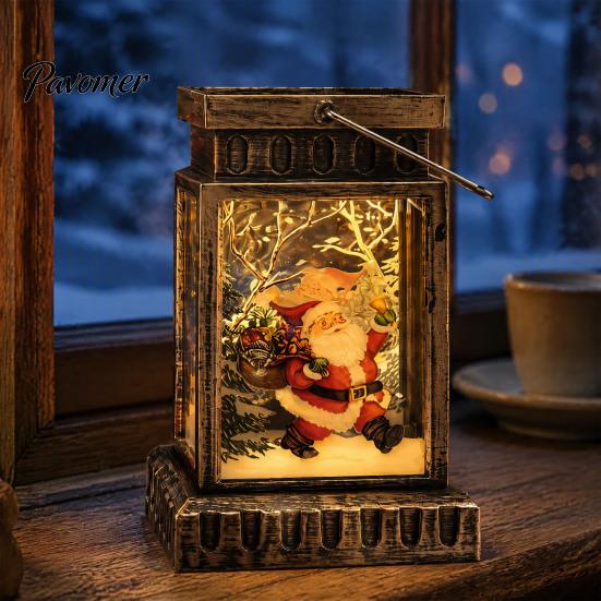 Warm LED Lantern Retro Christmas Night Light, Hand Painted Miniature Fairy Tale for Cozy Living Room Light Holiday Home Decor, Plastic Decorative Lamp
