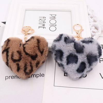 Furry Leopard Keychain Key Rings Holder Heart-shaped Pendants Decorated Accessories