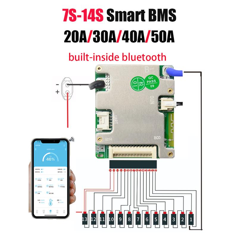 JBD BMS Automized Identify 7s-14s 7S 8S 9S 10S 11S 12S 13S 14S 20A 30A LFP NMC Smart BMS 24V 36V 48V Battery Management System