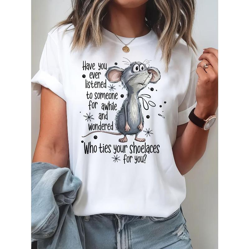 European Sizes Women'S Funny "Who Ties Your Shoelaces" Saying T-Shirt - Cute Cartoon Mouse & Stars Design, Soft Round Neck Short Sleeve Casual Top