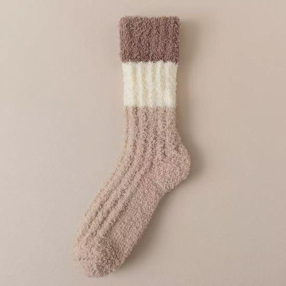 3Pairs Thickened Floor Plush Socks Stripe Mid Tube Socks Women Kawaii Coral Fleece Socks Autumn