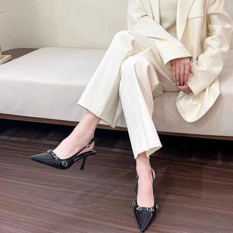 2025 spring new single shoes light and mature style black patent leather pointed special-shaped with high heels supermodel same fashion sandals